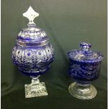 An imposing Bristol type blue cutglass urn shaped bulbous Vase, with square stand, and matching lid,