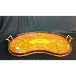 An Edwardian kidney shaped Tea Tray, with brass handle and profusely decorated body.