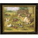 "Farmyard Scene with Goats, Children and Birds," O.O.B., approx.