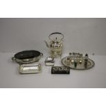 Silver & Plateware: A collection of glass silver topped Bottles, a large oval silver plated Platter,