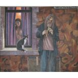 Bumen, 1994 "The Tin Whistle Player," v. large oil on board, signed & dated, unframed.