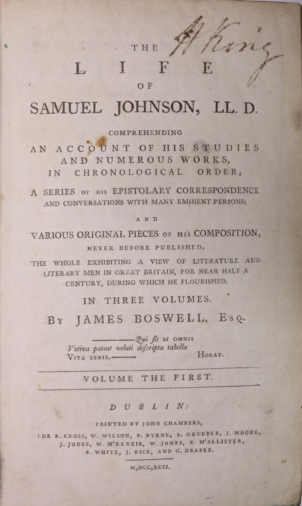 Dublin Printings: Boswell (James) The Life of Samuel Johnson, L.L.D., 3 vols. 8vo D.