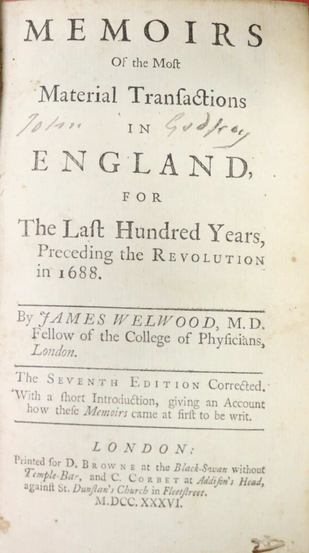 Welwood (James) Memoirs of the Most Material Transactions in England, for The Last Hundred Years. - Image 2 of 2