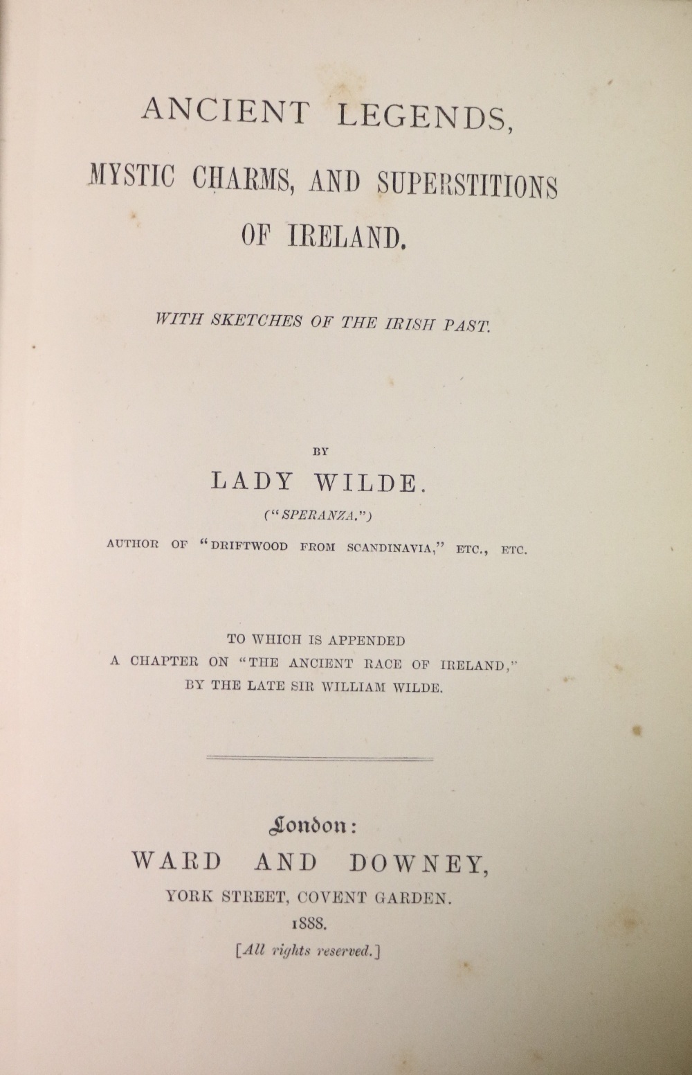 Wilde (Lady) Ancient Legends, Mystic Charms and Superstitions of Ireland, L. 1888, gilt decor. - Image 3 of 3