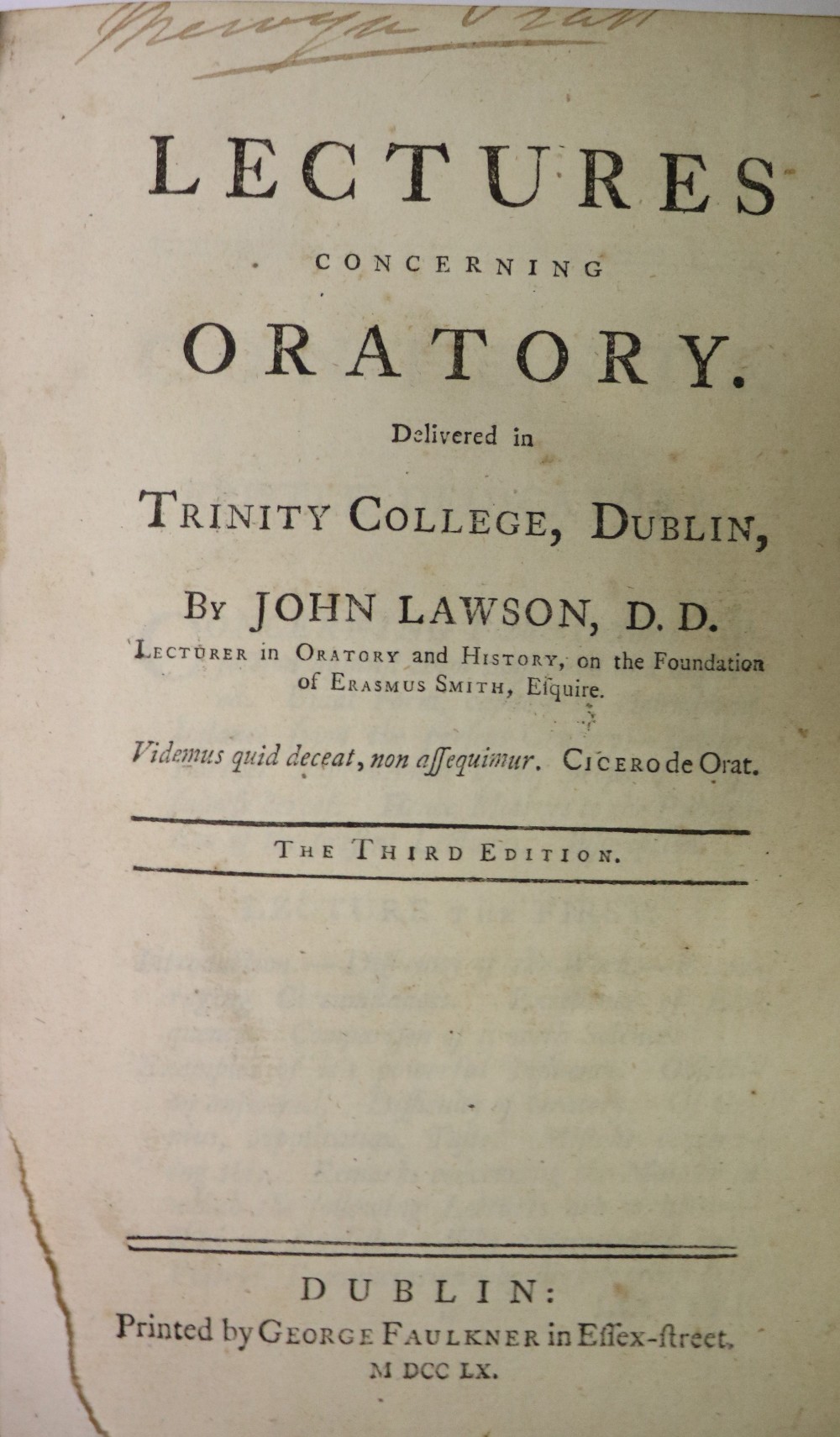 Lawson (John) Lectures concerning Oratory, Delivered in Trinity College, Dublin. 8vo D. 1760. - Image 3 of 3