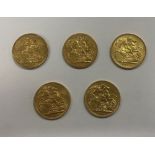 Coins: Victoria and George V, a collection of five gold Sovereigns, including Queen Victoria 1876,