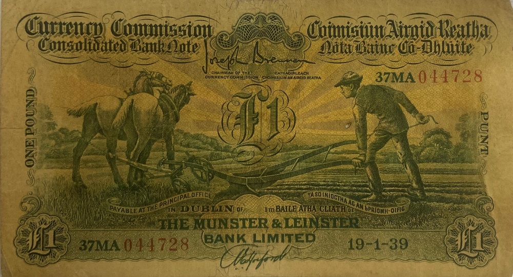 Currency Commission Consolidated Bank Note: Ploughman - The Munster and Leinster Bank Limited 19.1.