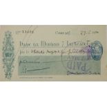 MacSwiney (Terence) A paid Cheque drawn on Banc na Mumhan & Laighean Teo.
