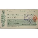 MacSwiney (Terence) A paid Cheque drawn on Banc na Mumhan & Laighean Teo.