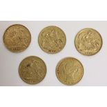 Gold Half Sovereigns: A collection of 5 Victorian & Edwardian gold Half Sovereigns,