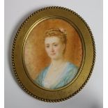 A miniature oval Portrait, "A Lady with blue dress and pearl necklace,