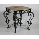 A heavy wrought iron Garden or Patio Table, with serpentine shaped marble top, as is, 30" (76cms).