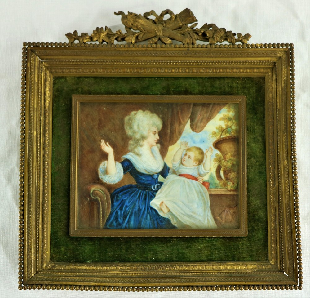19th Century English School Double Portrait Miniature "The Duchess of Devonshire with Infant by a