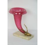 An attractive engraved ruby glass and gilt bronze Cornucopia Vase, of typical shape,