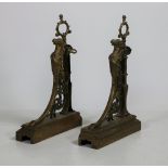 A Fireguard with a pair of 19th Century brass Andirons, decorated with bearded figures,