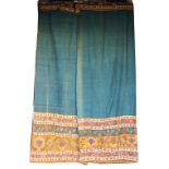 A set of 3 heavy tapestry style wool Curtains, each with iron red blue and yellow lower borders,