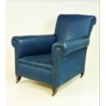 A Howard style blue hide covered Club type Easy Armchair, on front short square tapering legs.