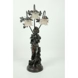 An attractive bronzed Figured Table Lamp, of a young Lady seated with birds in hand,