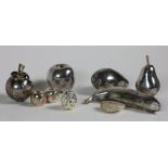 A collection of realistic silver filled Fruit & Nut Specimens, including a Brazil nut, walnut,