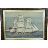 19th Century English School A wood work Picture of a 19th Century Three Mast Frigate,