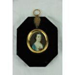 18th Century Irish School Miniature: "Portrait of Young Lady with blue feather hair piece,