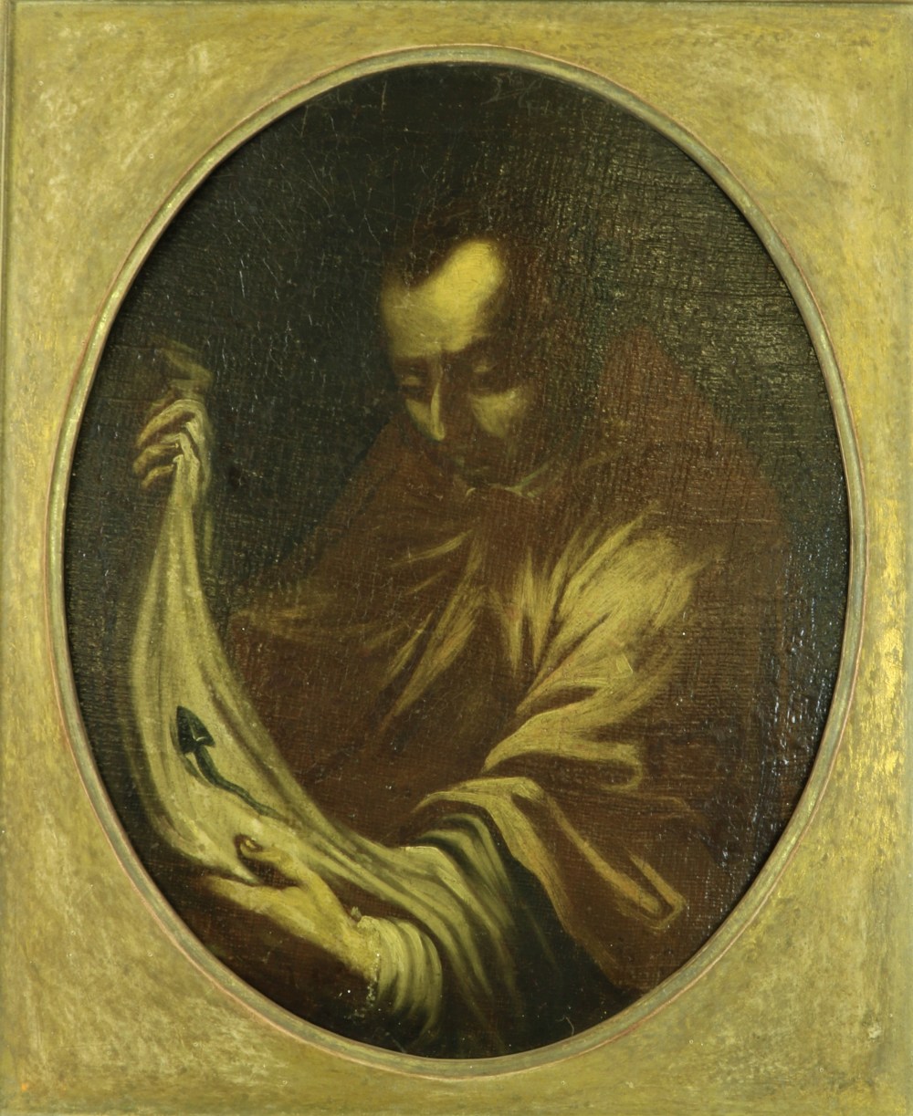 17th Century Spanish School An oval, "Painting of a Saint holding a cloth," O.O.C., approx.
