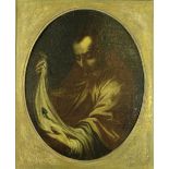17th Century Spanish School An oval, "Painting of a Saint holding a cloth," O.O.C., approx.