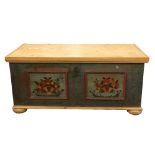 A 19th Century Swedish painted wooden lift top Chest, with iron hinge and lock,