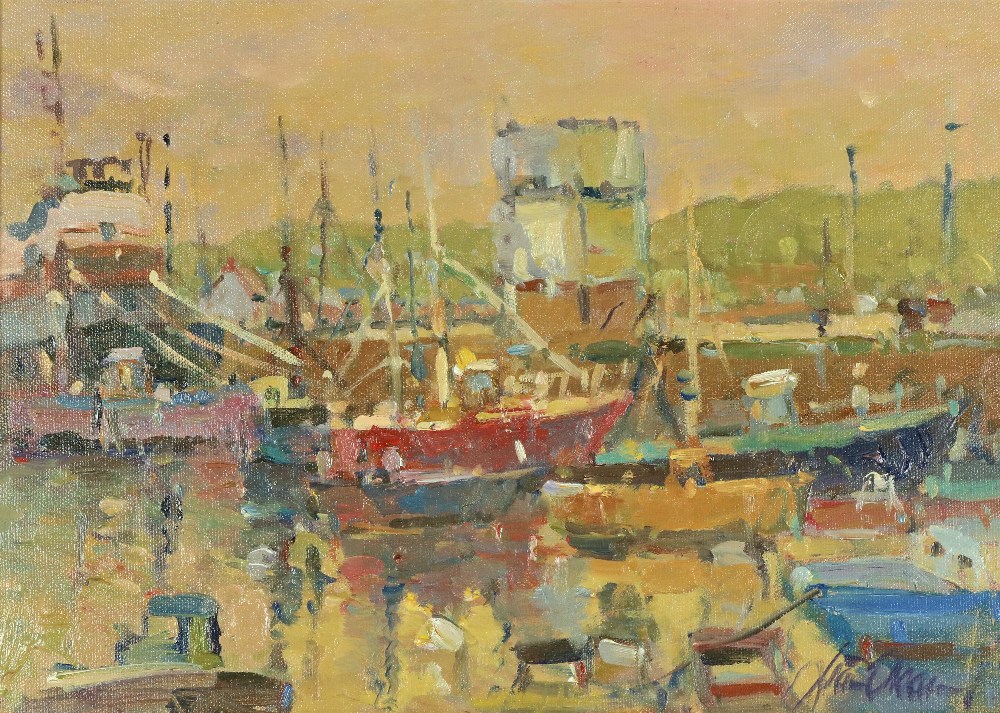 Liam Treacy, (1934 - 2004) "Fishing Boats in a Busy Harbour," O.O.C., 24.