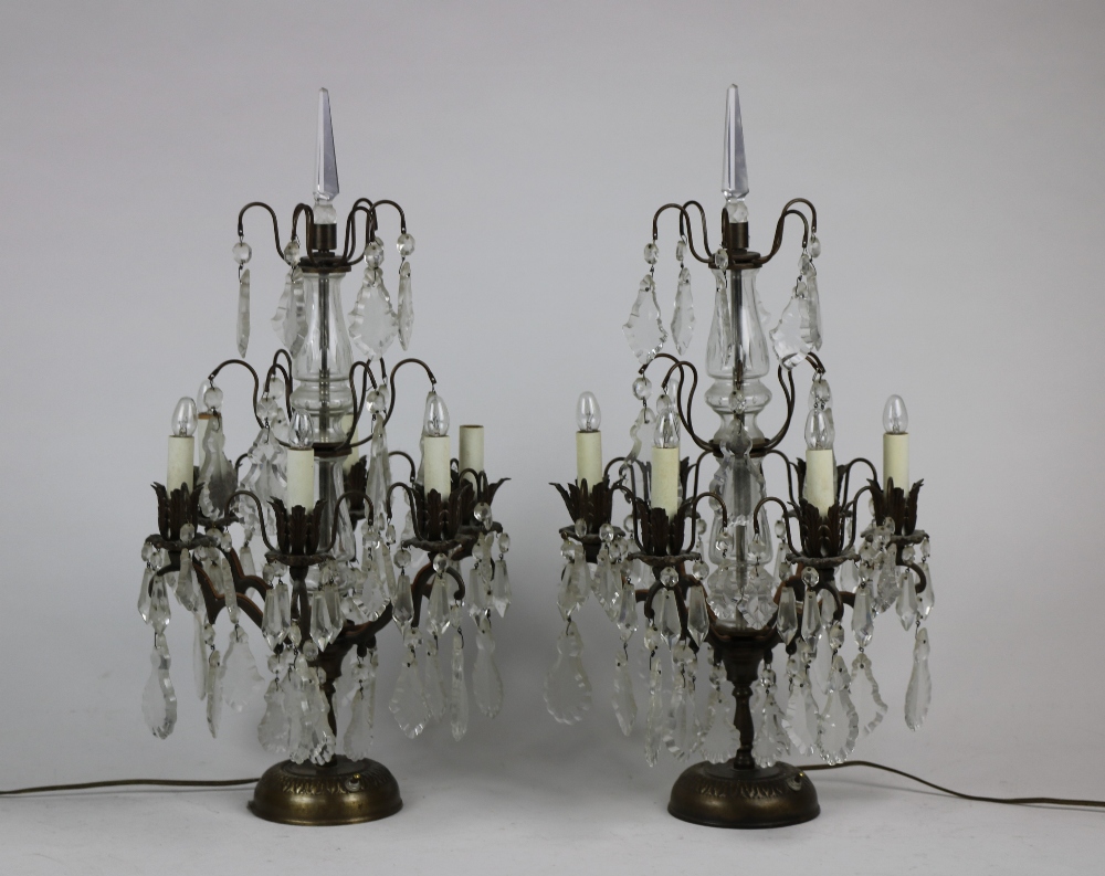 A pair of gilt metal and glass six branch Candelabra Table Lamps, electrified,