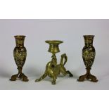 A good pair of miniature gilt bronze and cloisónne enamel Vases, each on tri-dolphin supports,