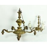 A heavy five branch brass Ceiling Light, with urn stem and cherubs,