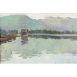 Edith Oenone Somerville, 1858 - 1949 "Lake Scene with boat house, mountains beyond,