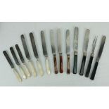 A good set of 6 agate handled steel Dinner Knives, and a matching carving fork,