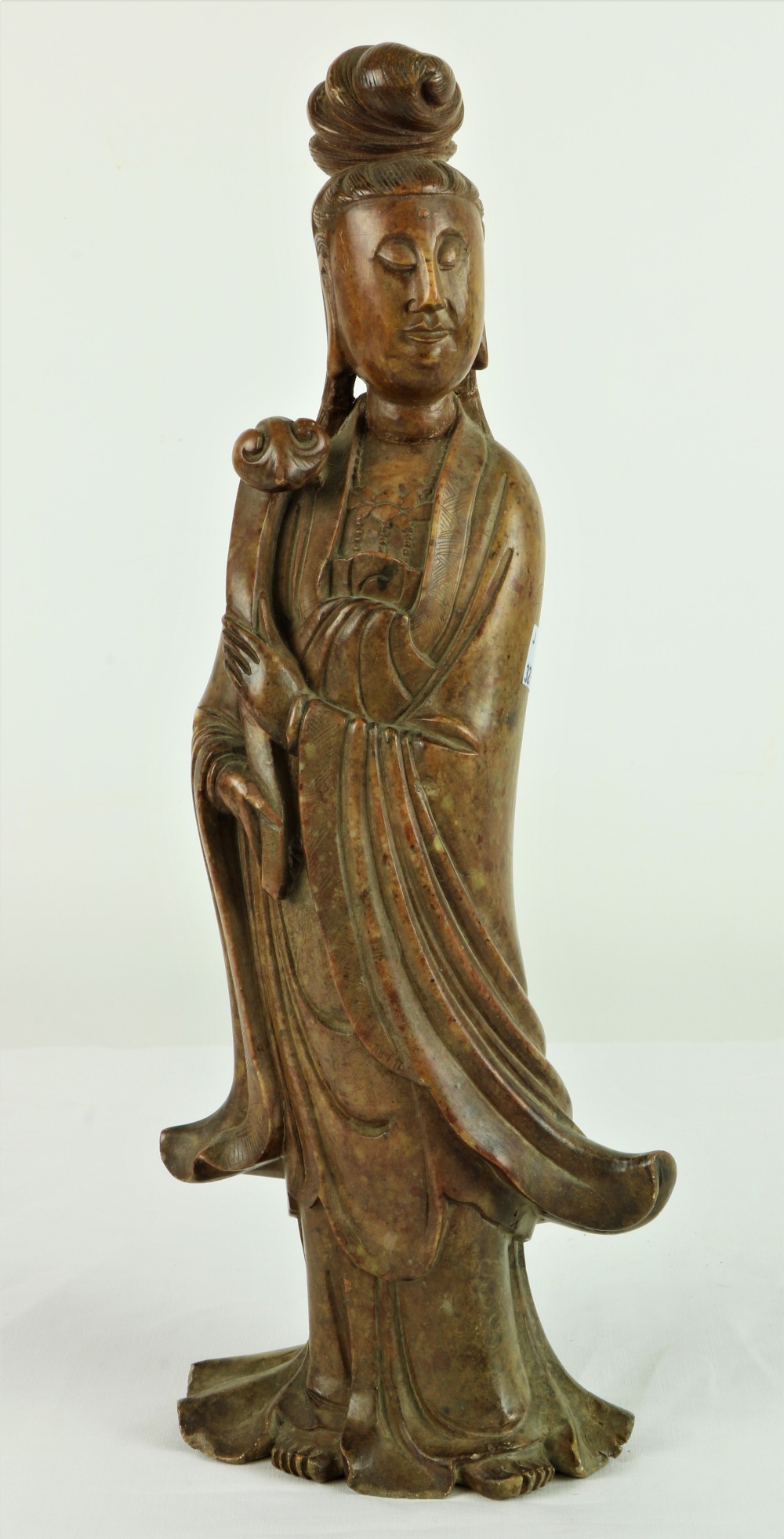 A 19th Century Oriental carved marble Female Figure, with etched decoration to reverse,