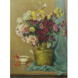 Pierre Lacor - 20th Century Still Life "Vase of Mixed Flowers in a stem Bowl," O.O.C.