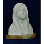 An attractive carved Alabaster Bust, of the Virgin Mary, on an oval onyx marble base, marked 'Lidi',