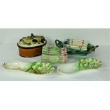 A decorated porcelain Shellfish Casserole Pot & Cover, a heavy porcelain Asparagus Dish,