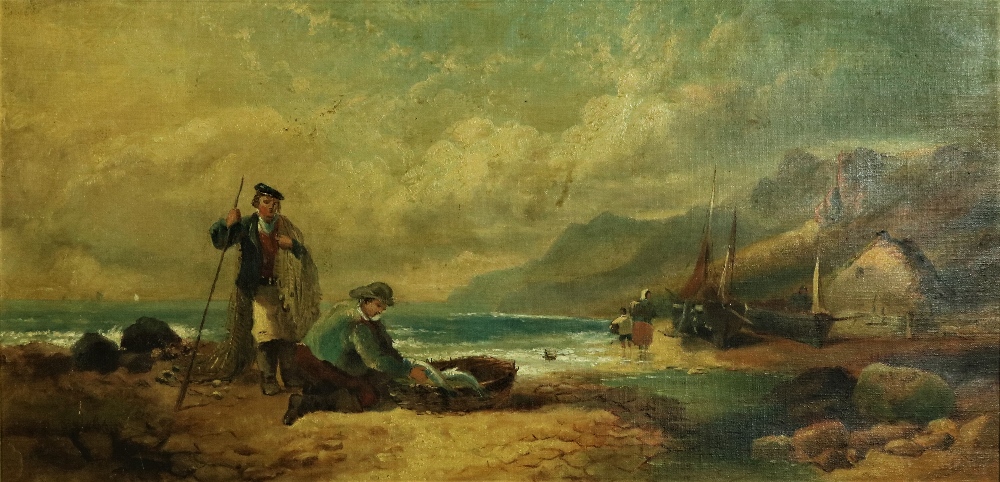 19th Century Scottish School "Coastal Scene with Fishermen in foreground,