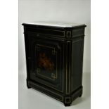 A 19th Century ebonised Side Cabinet, the shaped top with white marble inset,