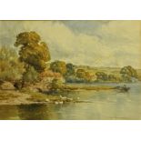 English School Watercolour: "Attractive Lake Scene with single boatman and ducks in foreground,