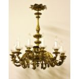 A fine quality early 19th Century Continental ormolu 12 branch Ceiling Light, with ornate rose,