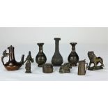 A collection of various Asian bronze Miniatures, figures, vases, animals, coffee pot, vesta case,