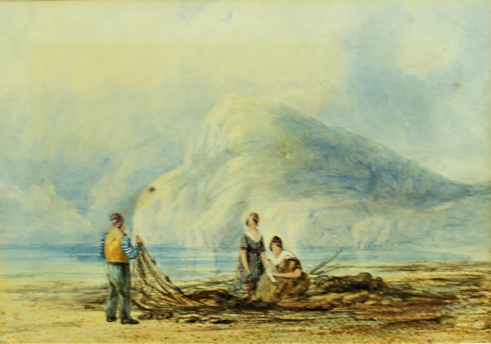 Mostly 19th Century School Watercolours: "Mending the Nets on the Beach,