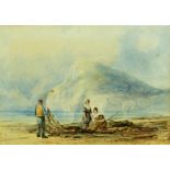 Mostly 19th Century School Watercolours: "Mending the Nets on the Beach,