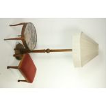 A wooden Lamp Standard, with cream silk shade; together with a marble top Occasional Table,