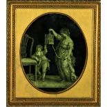 18th Century English School "Lady and Child with Bird Cage," gilt highlighted oval glass Etching,