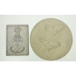 A large cast concrete circular Plaque, with Horses Heads, and a rectangular ditto "Coat of Arms,