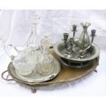 Silver Plateware & Glassware: to include a large pierced Serving Tray, pair of pewter Candlesticks,