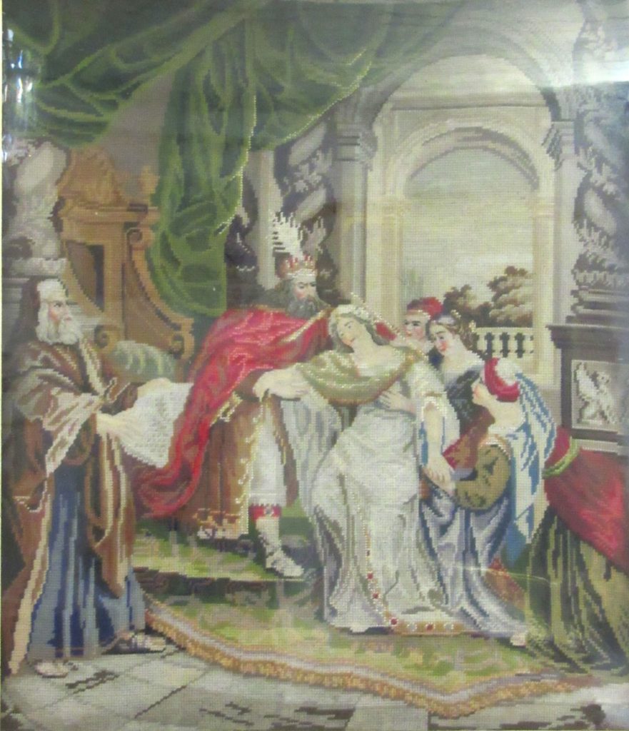 An attractive large Victorian Needlework Tapestry, depicting a King & Queen surrounded by servants,